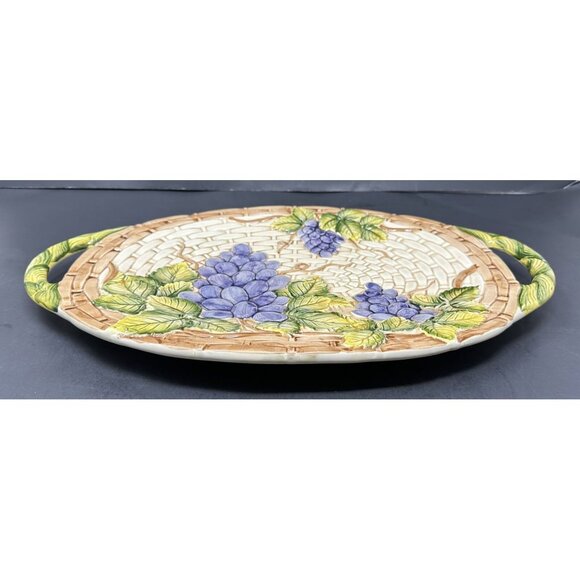 TAKAHASHI ANTIQUA Embossed Grapes Basket Weave Majolica 16" 2 Handled Platter - Picture 5 of 10